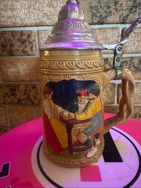 Source Unknown Tan Ceramic Figural Beer Stein with Multicolor Relief